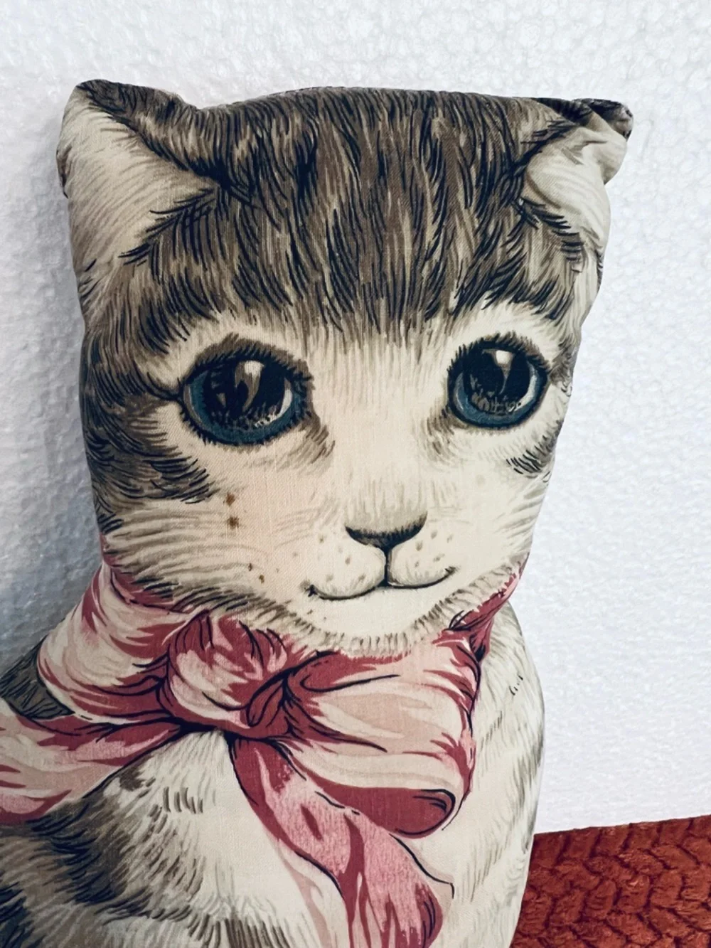 Vintage Tabby Cat Pillow with Pink Bow 1970’s Ithaca Kitty from Sewing Pattern